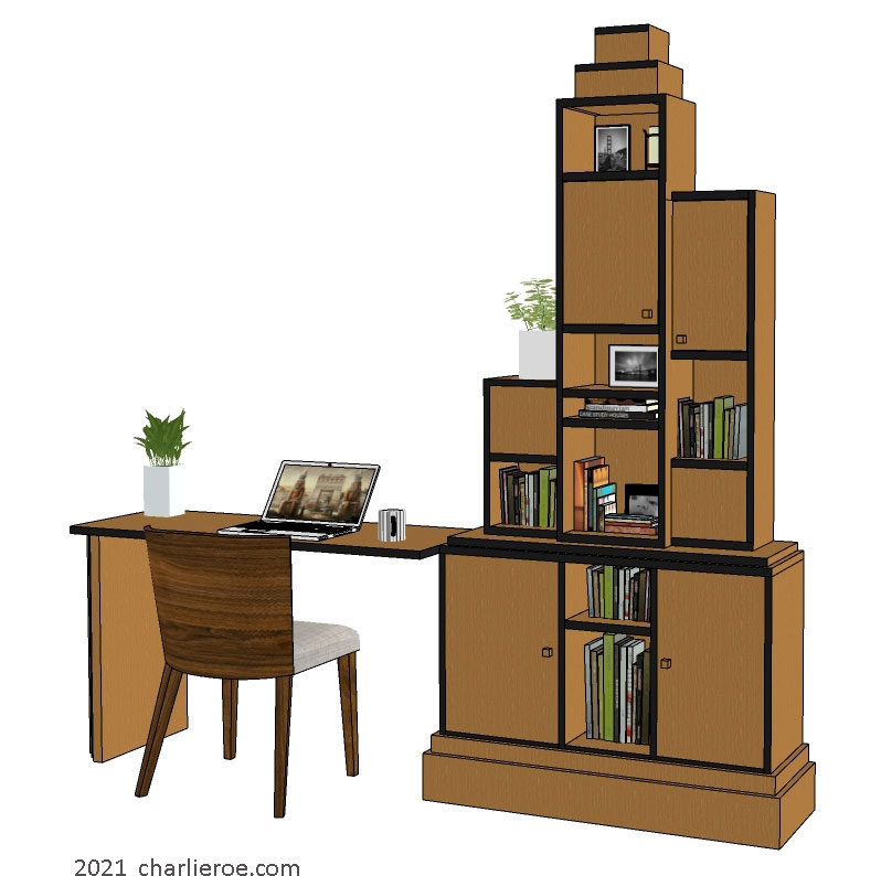 New Paul Frankl Art Deco Skyscraper style wood and lacquered/painted home office desks and bookcases