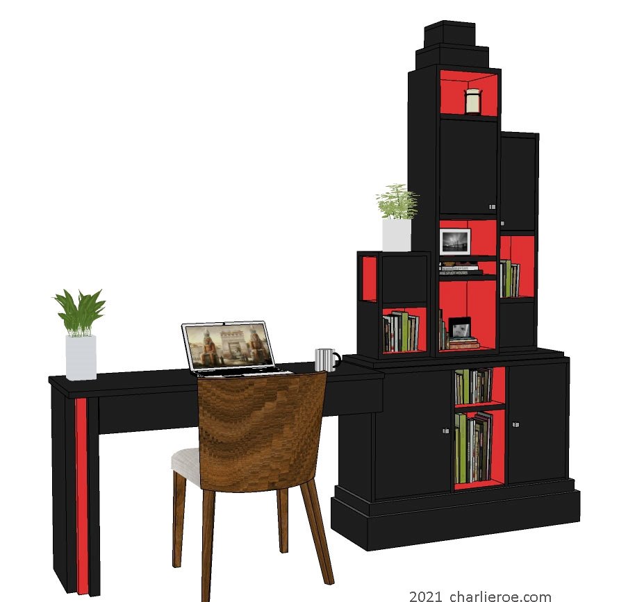 New Paul Frankl Art Deco Skyscraper style black lacquered/painted with silver edgeshome office bookcase desk