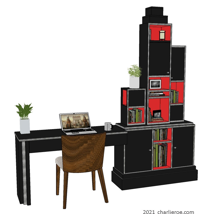 New Paul Frankl Art Deco Skyscraper style wood and lacquered/painted home office bookcase desk