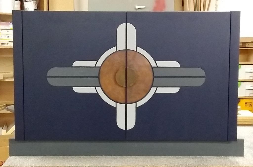 New Art Deco painted 2 door cabinet with decorative designs on the doors