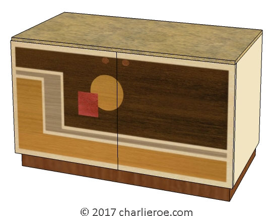 New Art Deco 2 door cabinet sideboard with Walter Dorwin Teague designs marquetry veneer door panels