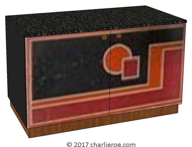 New Art Deco 2 door cabinet sideboard with Walter Dorwin Teague designs marquetry veneer door panels