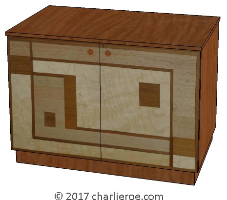 New Art Deco 2 door cabinet sideboard with Walter Dorwin Teague designs marquetry veneer door panels