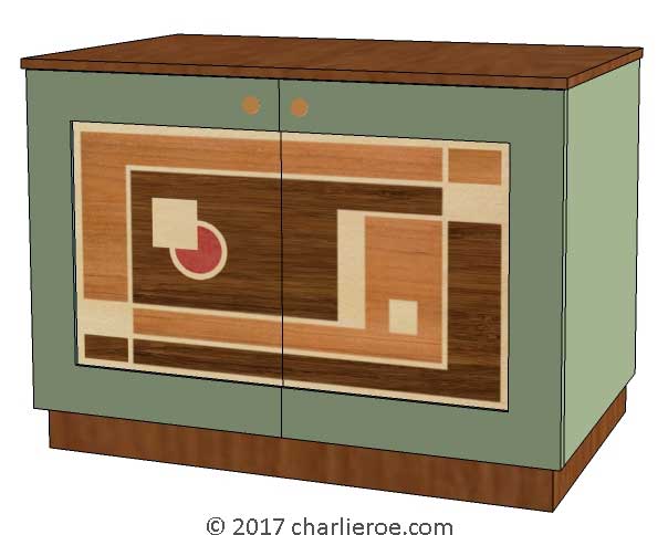 New Art Deco 2 door cabinet sideboard with Walter Dorwin Teague designs marquetry veneer door panels