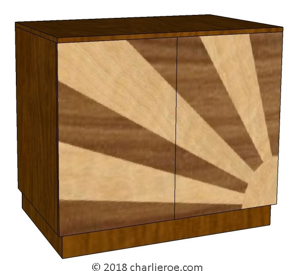 New Art Deco 2 door cabinet sideboard with Rising Sun marquetry veneer door panels