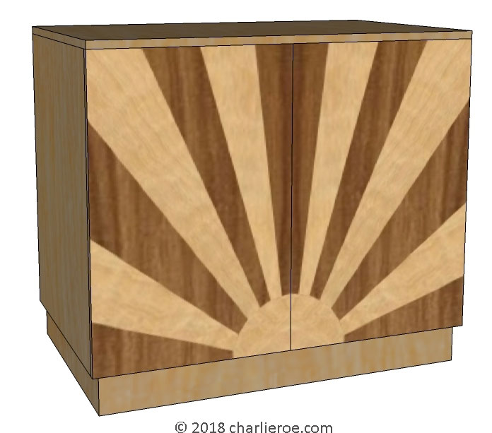 New Art Deco 2 door cabinet sideboard with Rising Sun marquetry veneer door panels