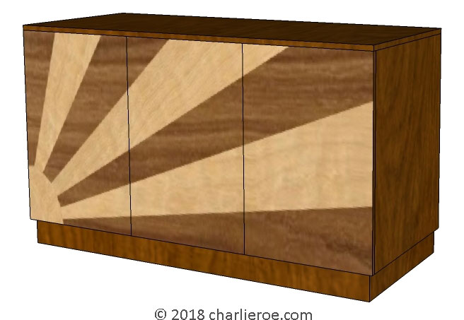 New Art Deco 3 door cabinet sideboard with Rising Sun marquetry veneer door panels