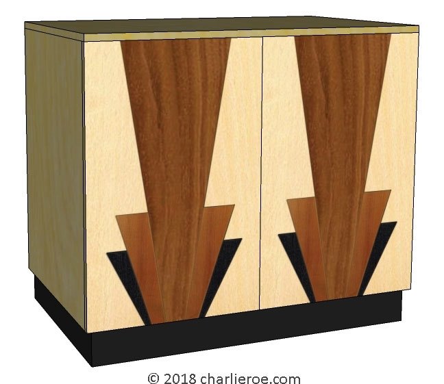New Art Deco marquetry wood veneer 2 door cabinet sideboard with Deco design door panels