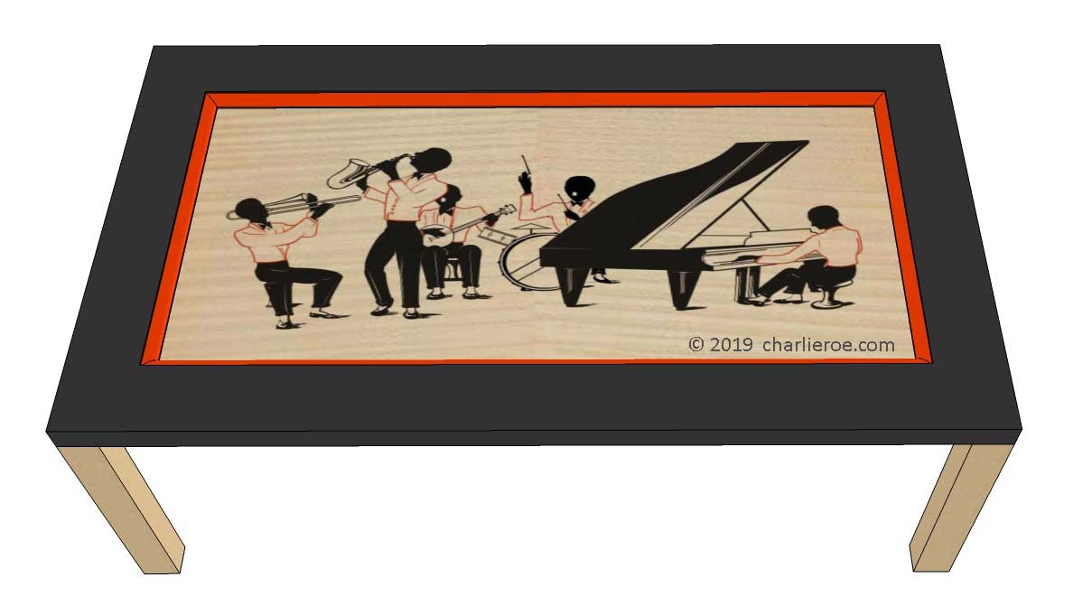 New Art Deco coffee table with Jazz band silhouette design table top