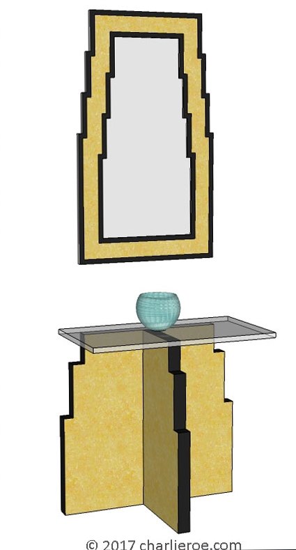 new Art Deco Skyscraper style stepped console side table with acrylic glass top in maple & black finish, with matching wall mirror