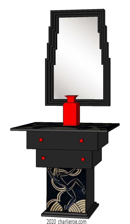 New Frank Lloyd Wright style Art Deco stepped console side table painted black with decorative design bottom panel & matching painted stepped wall mirror