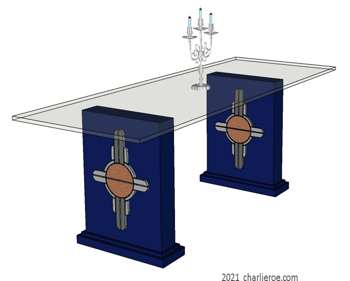 New Art Deco dining tables with glass top and painted Abstract Deco decorative panels on table supports
