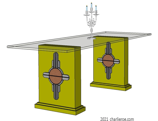 New Art Deco dining tables with glass top and painted Abstract Deco decorative panels on table supports