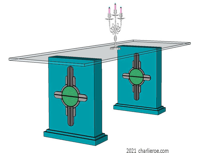 New Art Deco dining tables with glass top and painted Abstract Deco decorative panels on table supports