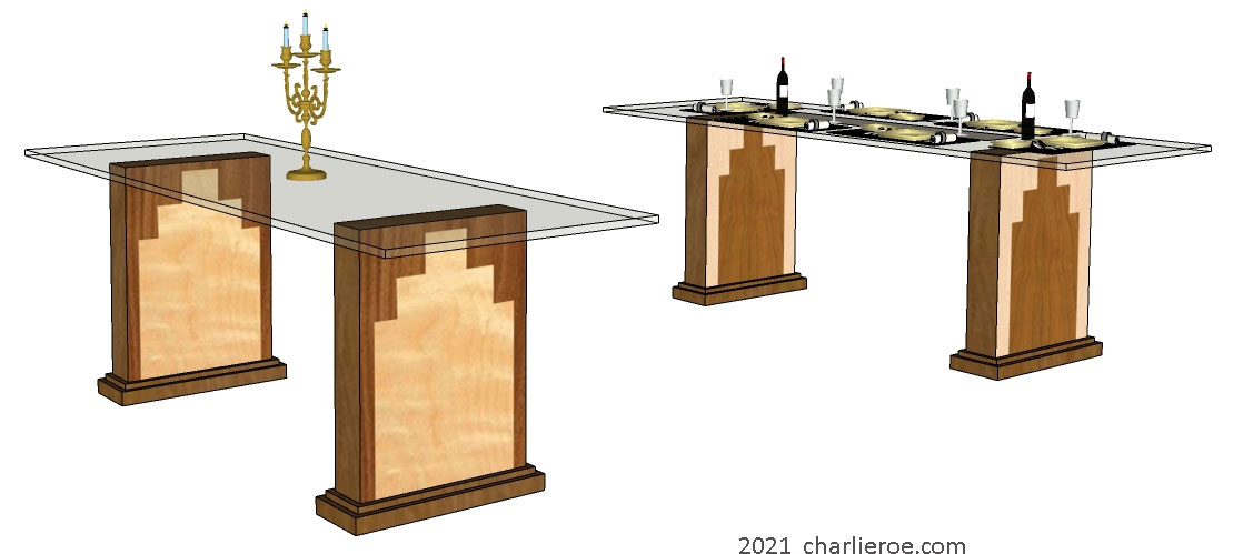New Art Deco Skyscraper style dining table with glass top and marquetry veneer Skyscraper style panels on table supports