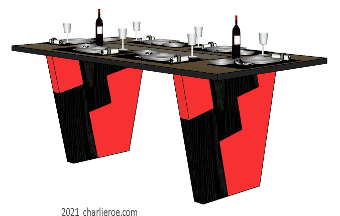 New Art Deco Cubist Skyscraper style dining table with a glass top and decoratively painted & veneered & silver leafed splayed supports