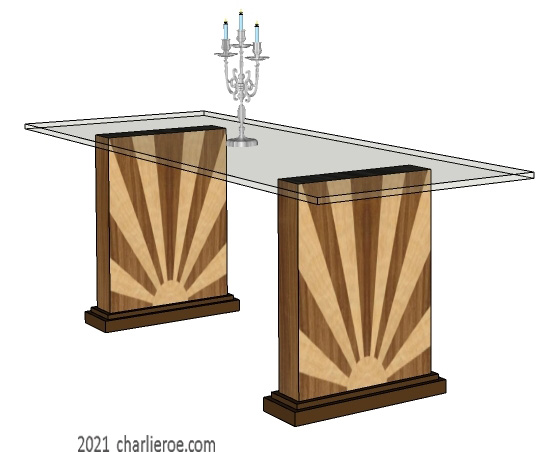 New Art Deco dining table with glass top and rising sun design marquetry veneer panels on table supports