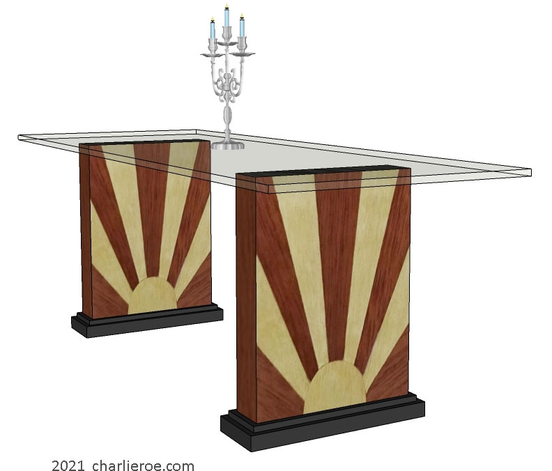 New Art Deco dining table with glass top and rising sun design marquetry veneer panels on table supports