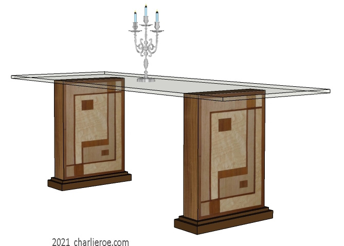 New Art Deco dining table with glass top and wood marquetry veneer Walter Dorwin Teague designs on the table supports