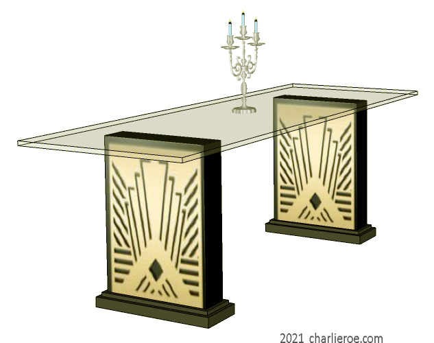 New Art Deco dining table with glass top and gold & black designs on the table supports