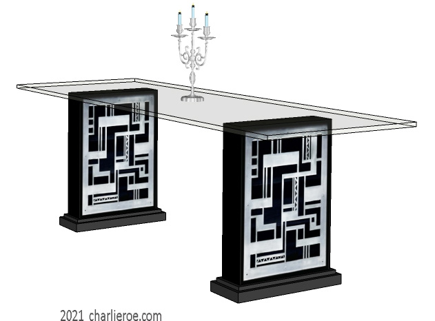 New Art Deco dining table with glass top and Geometric design on the table supports in black & gold