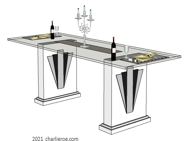 New Art Deco Moderne glass topped dining tables sitting on 2 boxy supports with decorative applied Geometric designs in painted mirrored glass on the table supports designs