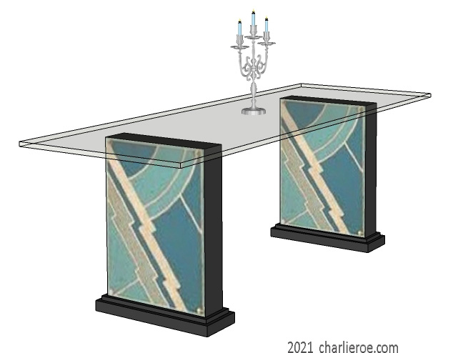 New Art Deco Moderne glass topped dining tables sitting on 2 boxy supports with decorative painted Geometric designs on the table supports designs