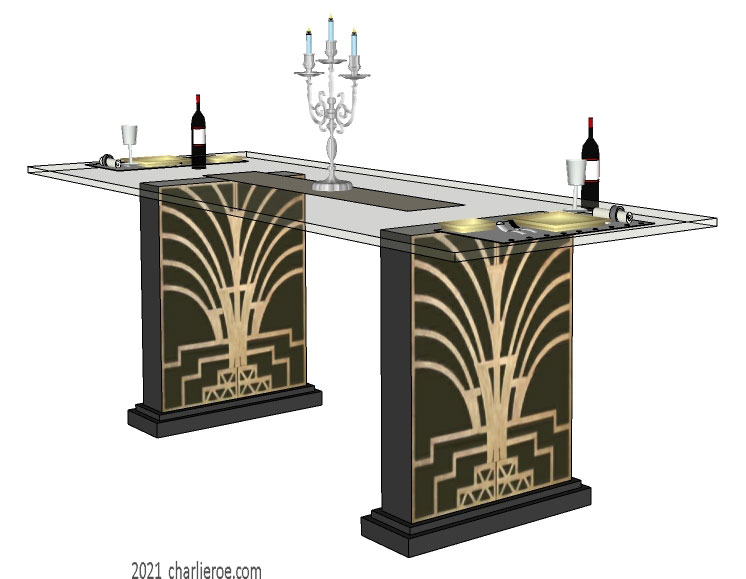 New Art Deco dining table with glass top and gold Abstract Deco designs on the table black lacquered supports
