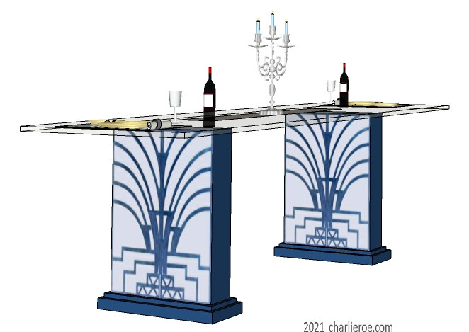 New Art Deco dining table with glass top and gold leaf & black on the table off white lacquered supports