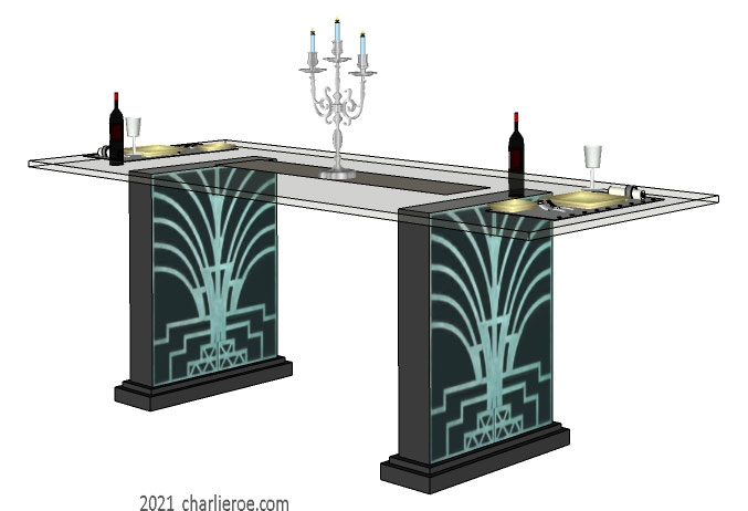 New Art Deco dining table with glass top and verdigris designs on the black lacquered table supports