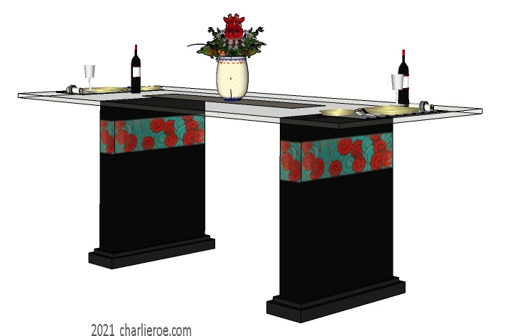 New Art Deco Moderne glass topped dining tables sitting on 2 boxy supports with decorative painted foliage bands on the table supports and a glass top