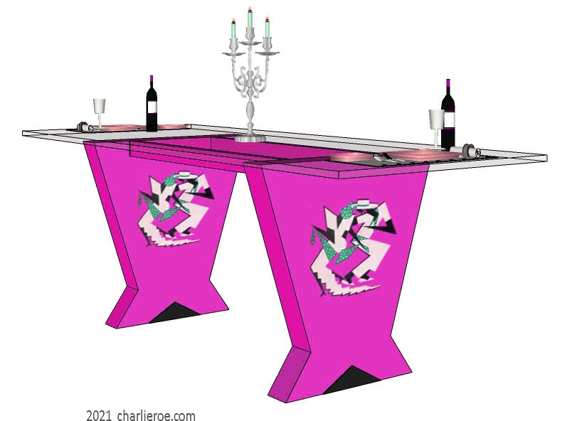 New Art Deco Cubist Skyscraper style dining table with a glass top and decoratively painted & veneered & silver leafed splayed supports