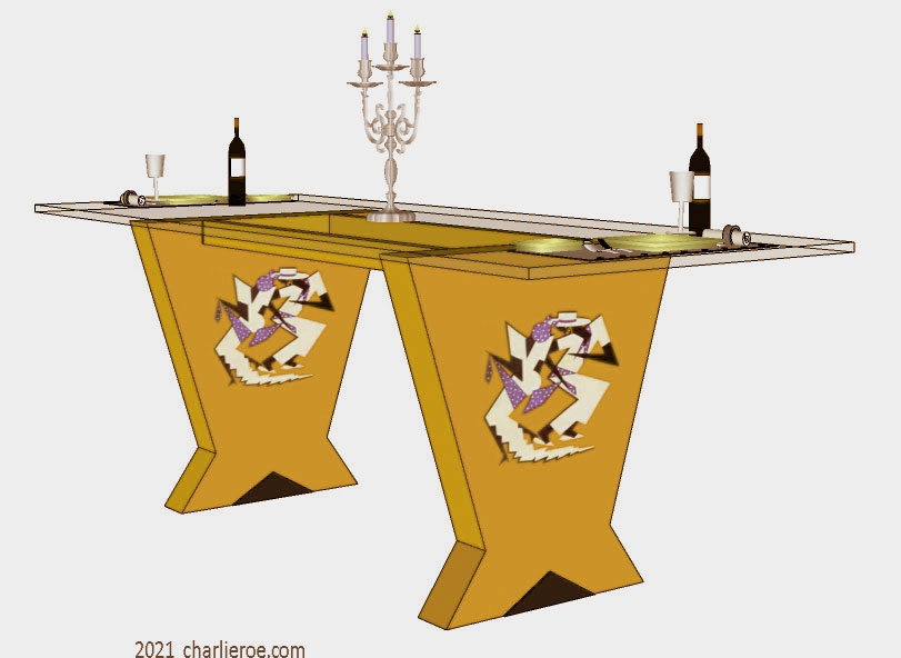 New Art Deco Cubist Skyscraper style dining table with a glass top and decoratively painted & veneered & silver leafed splayed supports