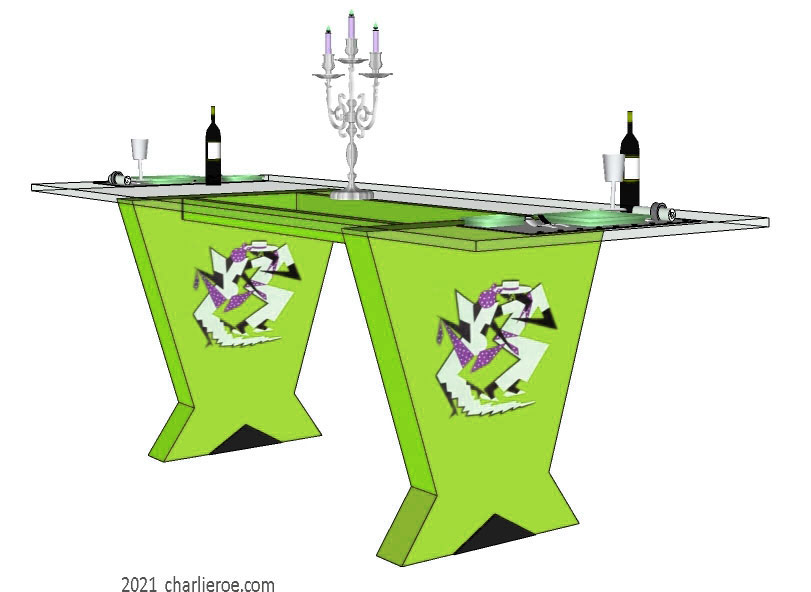 New Art Deco Cubist Skyscraper style dining table with a glass top and decoratively painted & veneered & silver leafed splayed supports