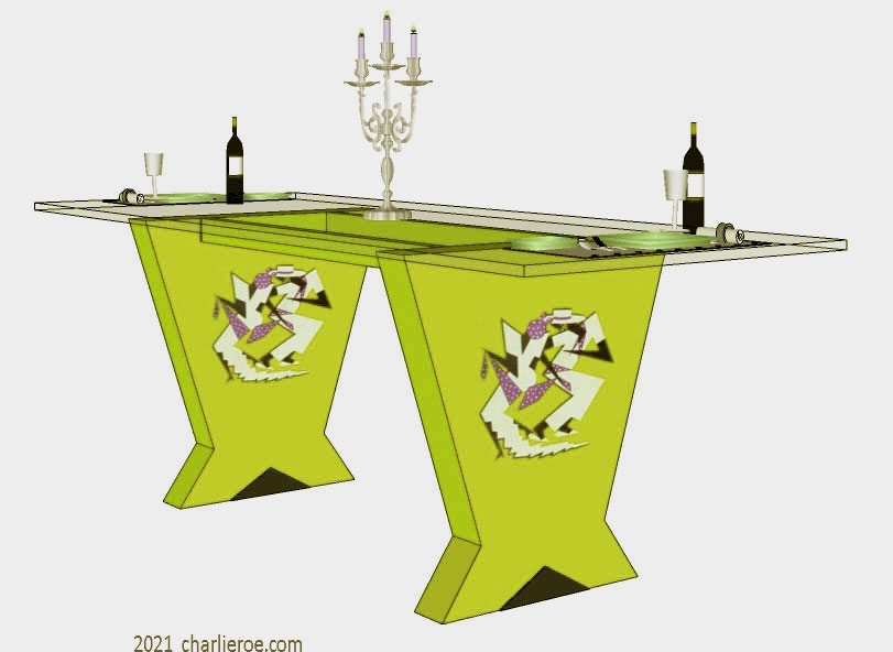 New Art Deco Cubist style dining table with glass top and splayed angled table supports and painted Cuban style dancers