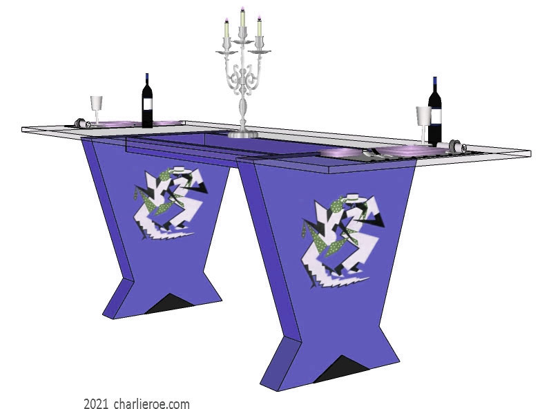 New Art Deco Cubist Skyscraper style dining table with a glass top and decoratively painted & veneered & silver leafed splayed supports