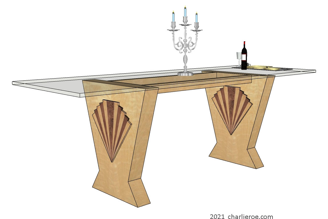 New Art Deco Cubist style dining table with glass top and splayed angled wood table supports and applied wooden fan shapes