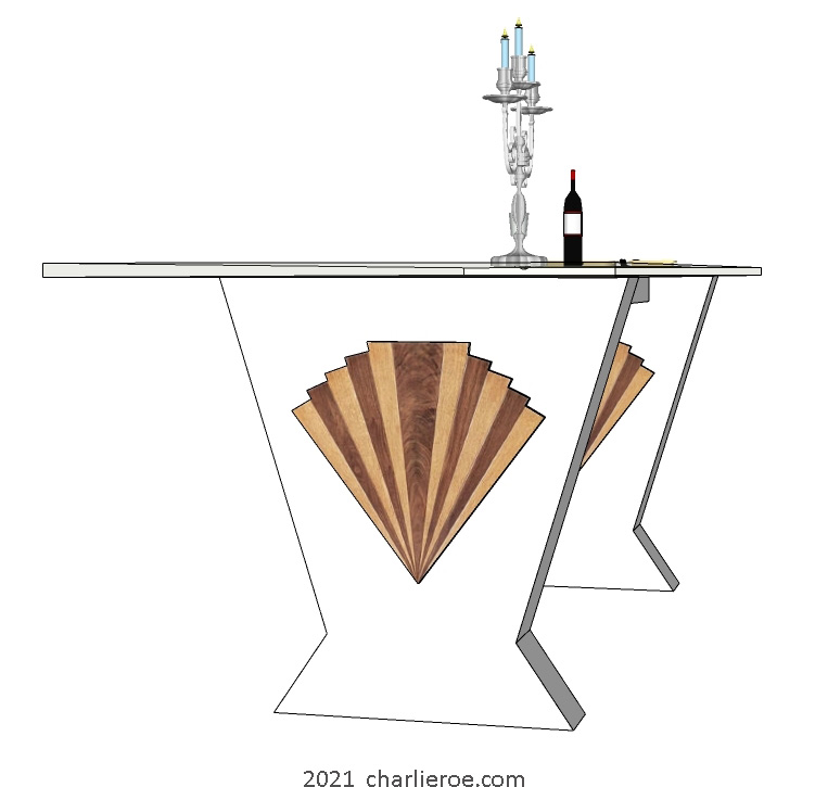 New Art Deco Cubist style dining table with glass top and splayed angled wood table supports and applied wooden fan shapes