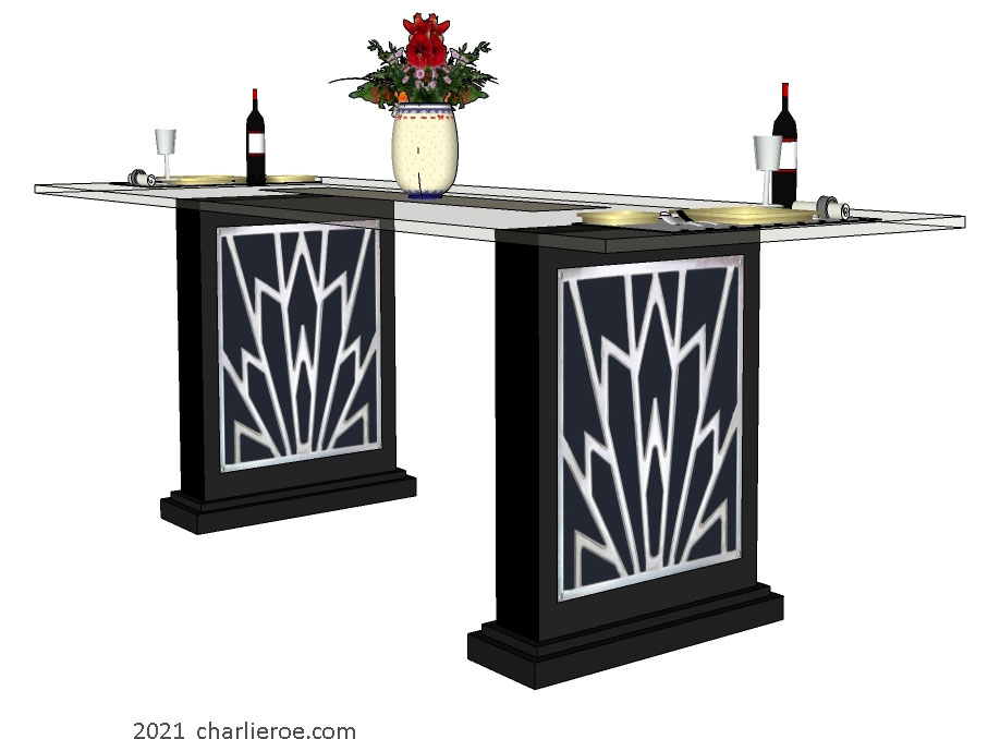 New Art Deco dining table with glass top and steel silver aluminium Cubist designs on the black lacquered table supports