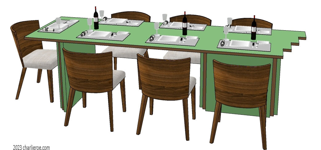 New Art Deco dining table stepped table base support in darker wood & green painted lacquered finish