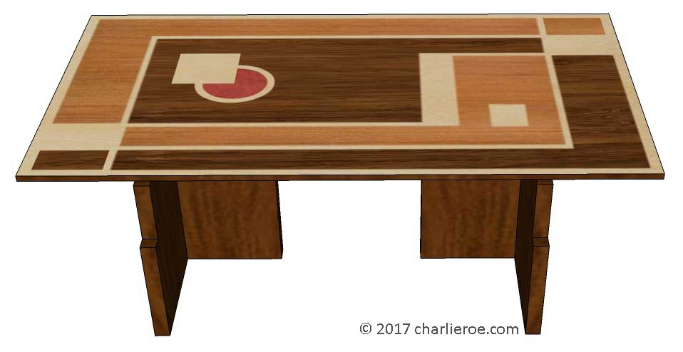 New Art Deco dining table with Walter Dorwin Teague Marquetry veneered Cubist Geometric design table top