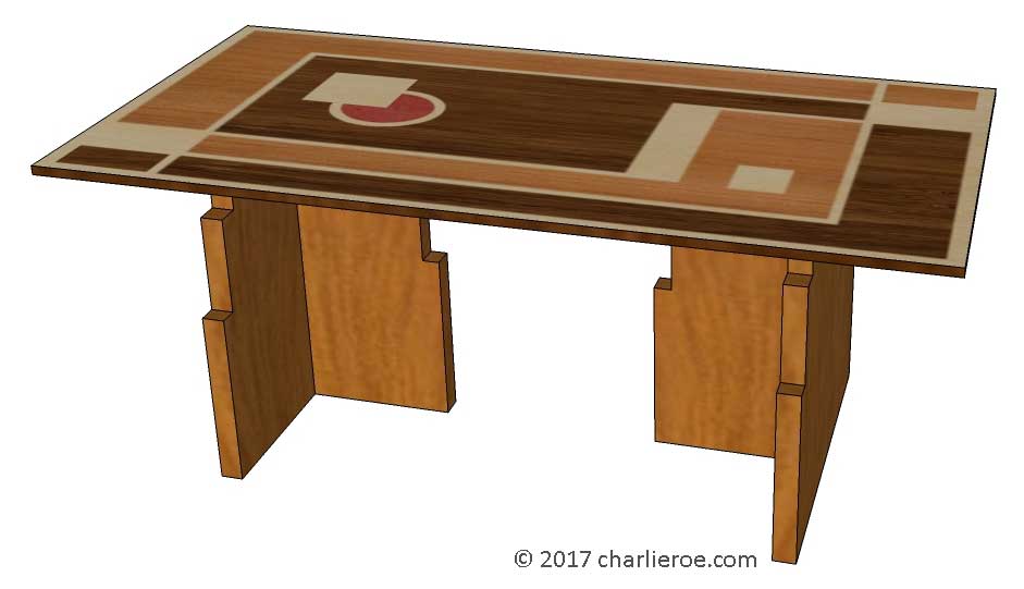 New Art Deco dining table with Walter Dorwin Teague Marquetry veneered Cubist Geometric design table top