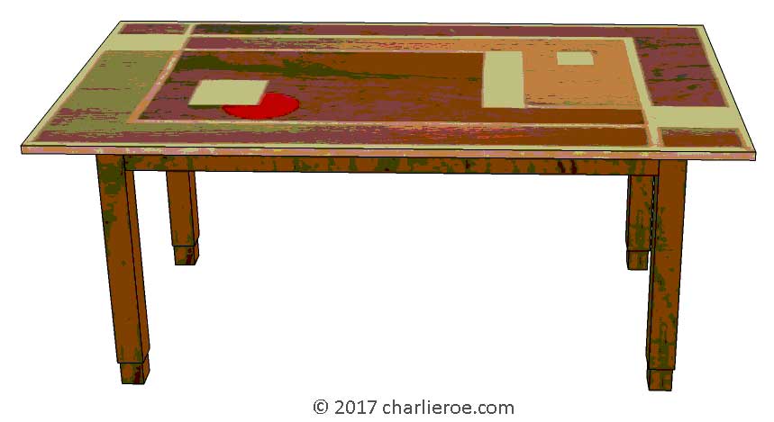 New Art Deco dining table with Walter Dorwin Teague ditressed painted Cubist Geometric design table top