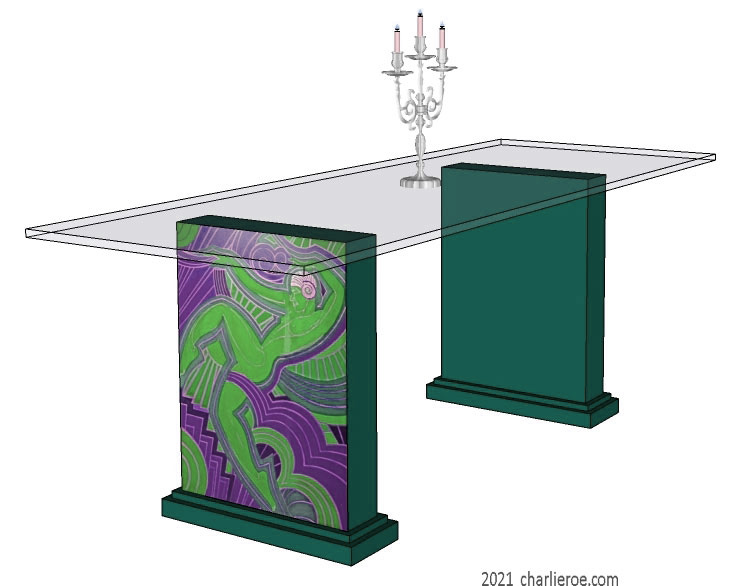 New Art Deco dining tables with glass top and painted Josephine Baker Follies Bergere painted panels on table supports