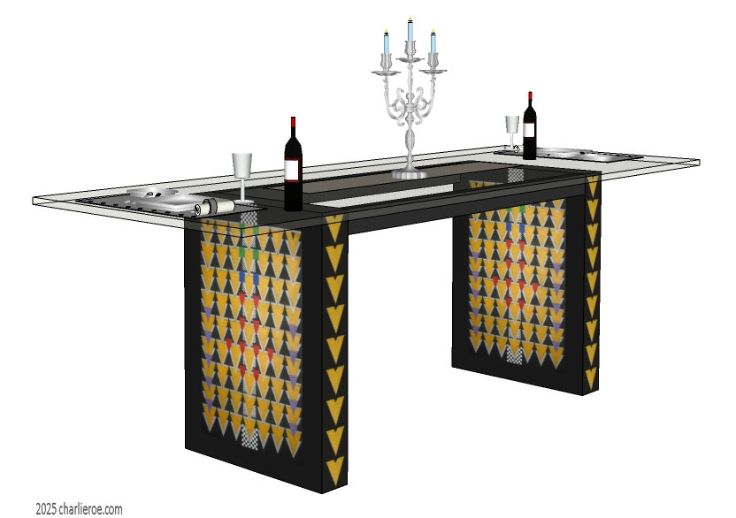 New Charles Rennie CR Mackintosh dining table with Derngate style ornate decorative painted table supports with glass table top