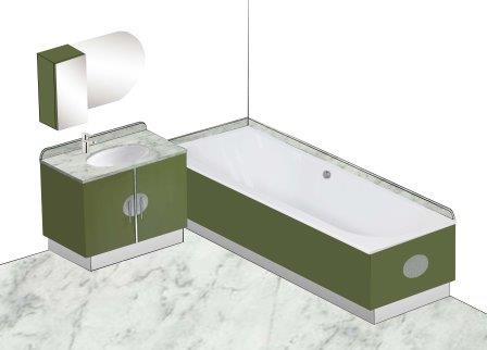 New Walter Dorwin Teague Art Deco painted bathroom vanity unit & mirror wall unit & bath panels in green & silver