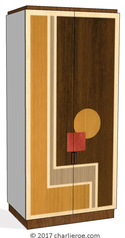 New Walter Dorwin Teague Art Deco marquetry veneered Cubist Geometric bedroom 2 door wardrobe