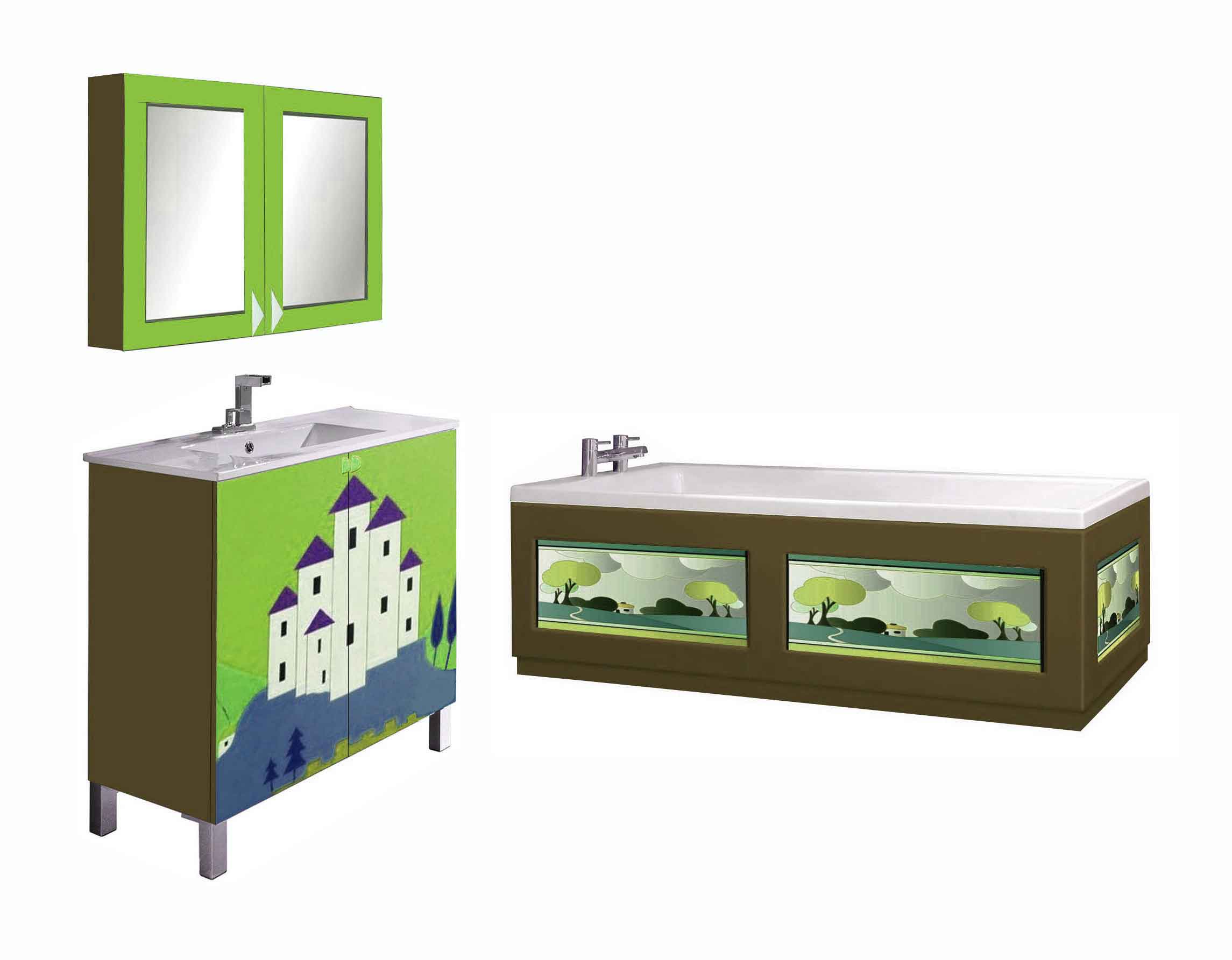 Clarice Cliff Art Deco design painted vanity units & wall mirror cupboards & bath panels & bathroom furniture