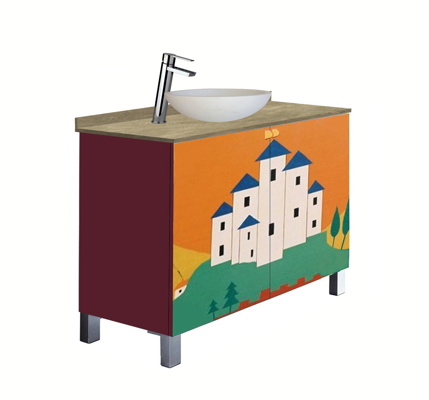 Clarice Cliff Art Deco design painted vanity unit with sit on bowl & tall basin mixer tap bathroom furniture