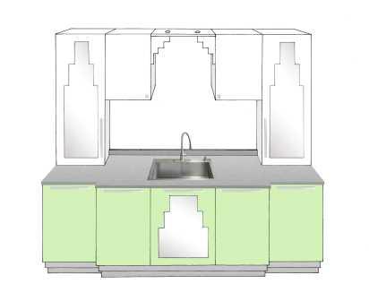 new Art Deco 'Skyscraper' style fitted kitchen in KEM Weber green & white lacquer with undermounted sink
